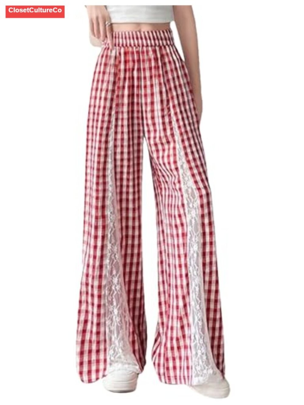 Lace Gingham Wide Leg Pants Pull On High Waist Palazzo Trousers